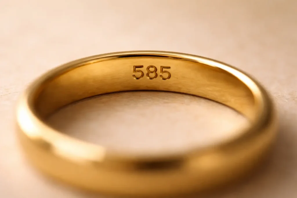 close-up of 585 hallmark stamp engraved inside a gold ring band indicating 14 karat gold purity