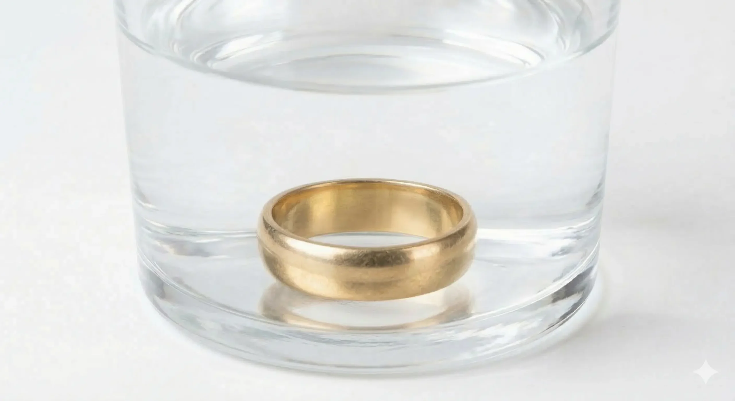 float test for real gold showing a gold ring sunk to the bottom of a clear glass of water