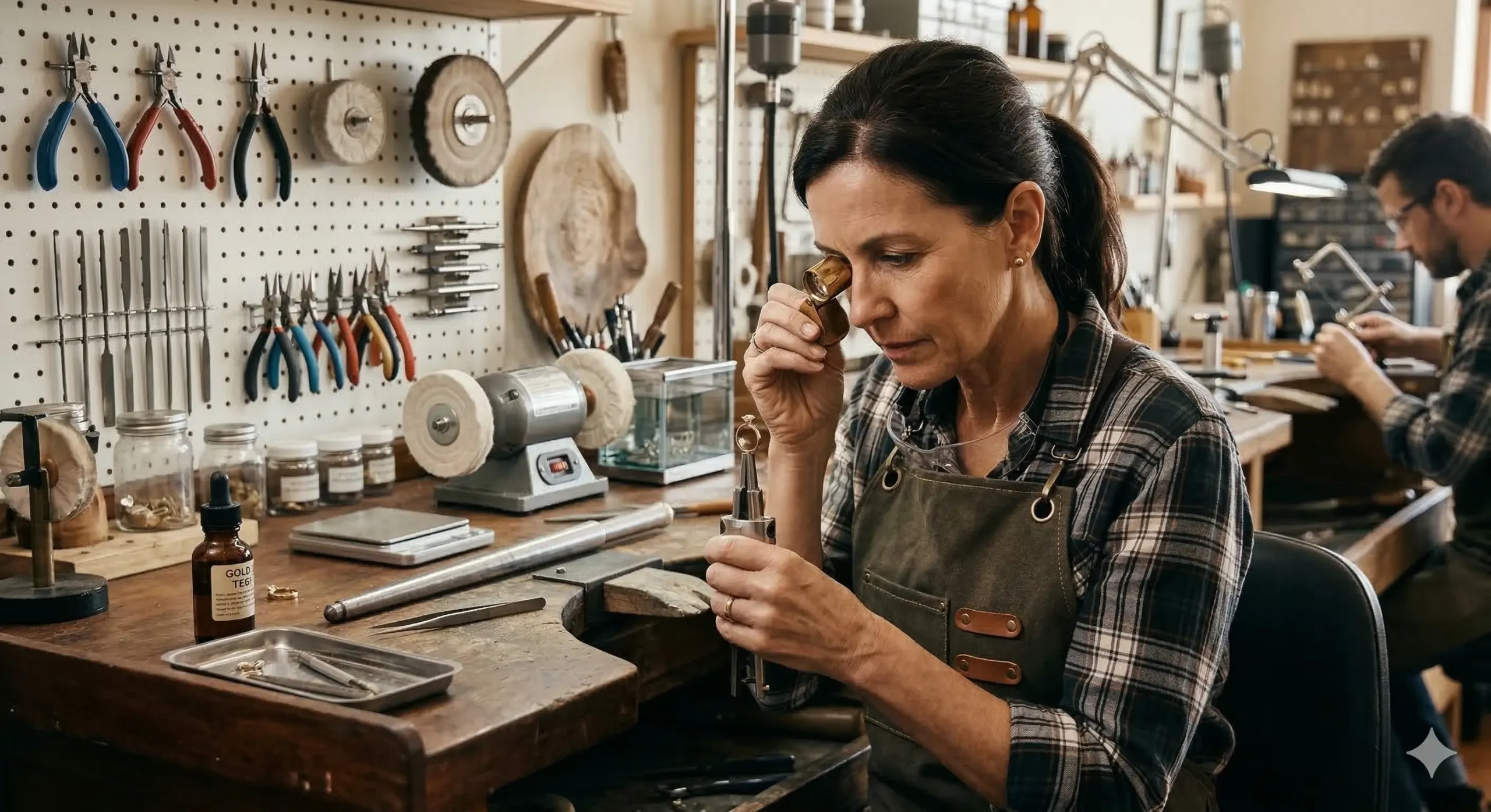professional jeweler in an apron examining a gold piece under a loupe at a workbench with jewelry tools and a gold testing bottle visible