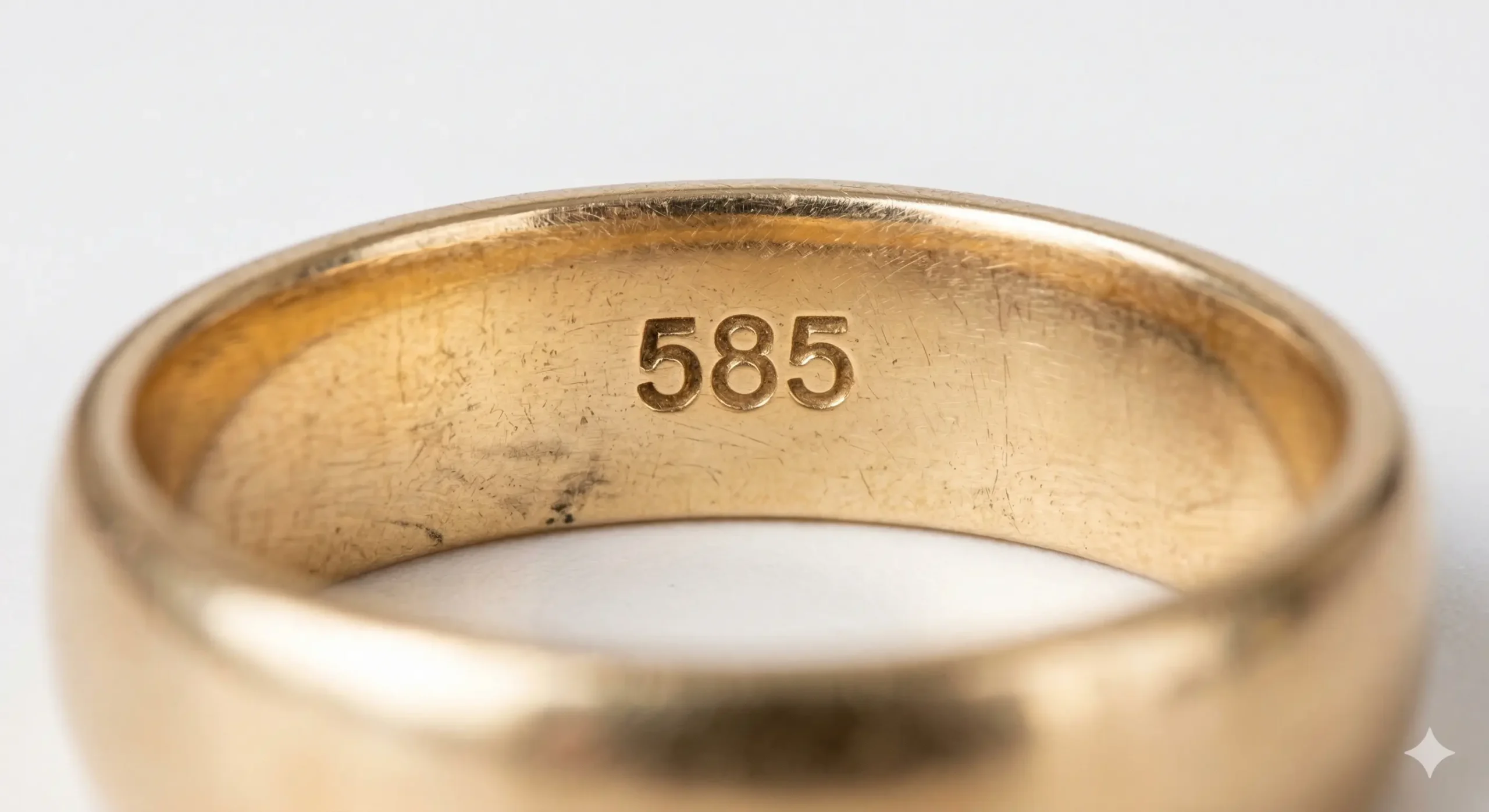 how to tell if gold is real - close-up of a gold ring inner band showing a 585 hallmark stamp meaning 14 karat gold