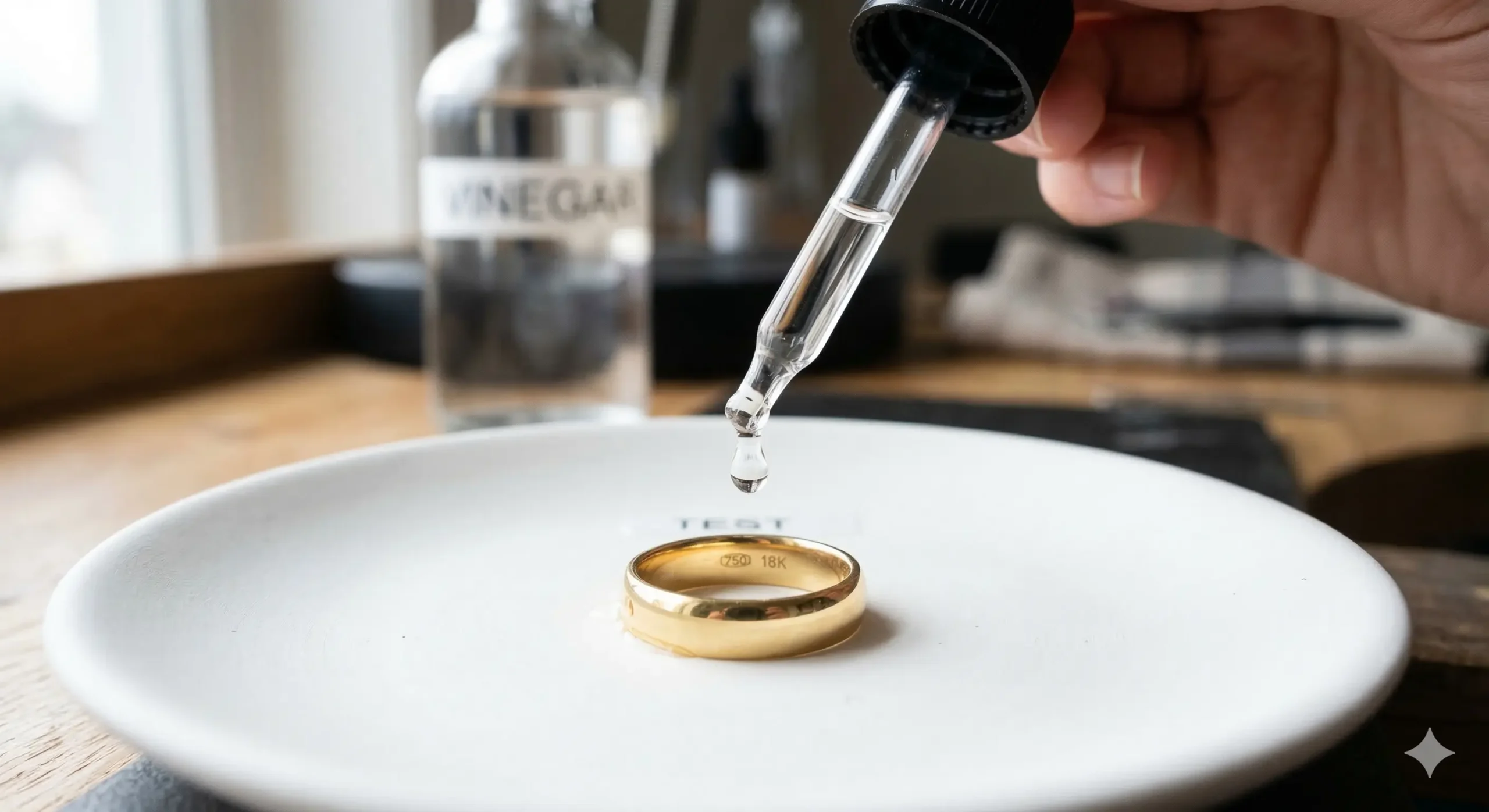vinegar test for real gold showing a dropper applying white vinegar to a gold ring on a white plate with no color change