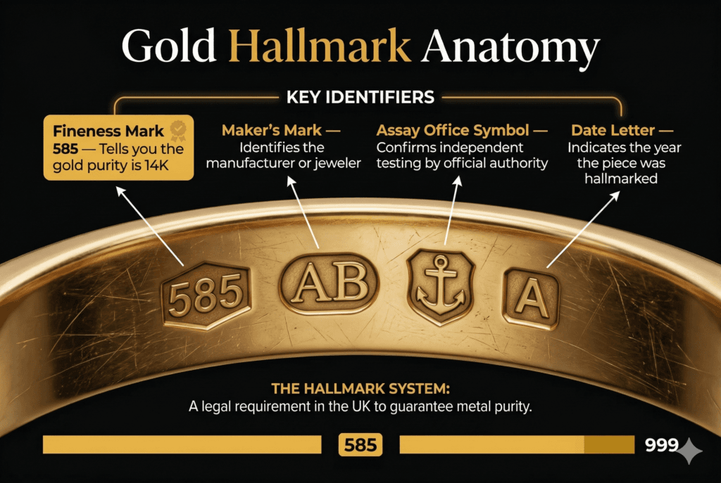 jeweler verifying gold authenticity using acid test and loupe on a 585 stamped ring