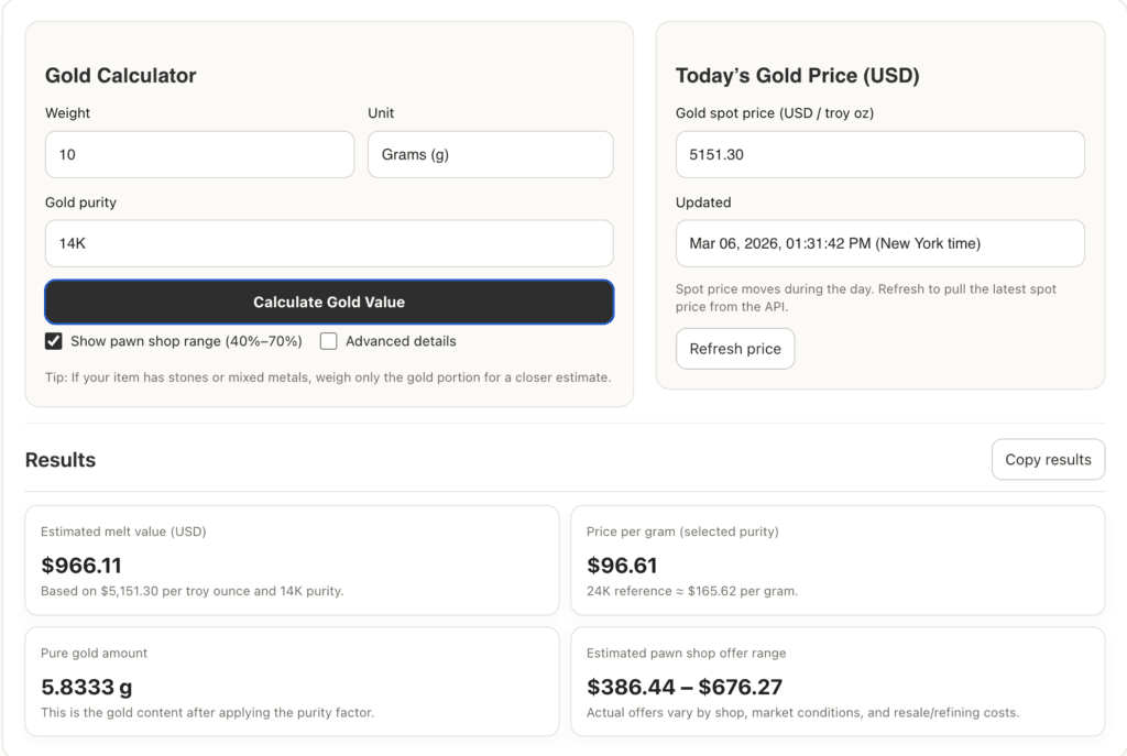 SpotGoldValue calculator showing live melt value for 585 gold