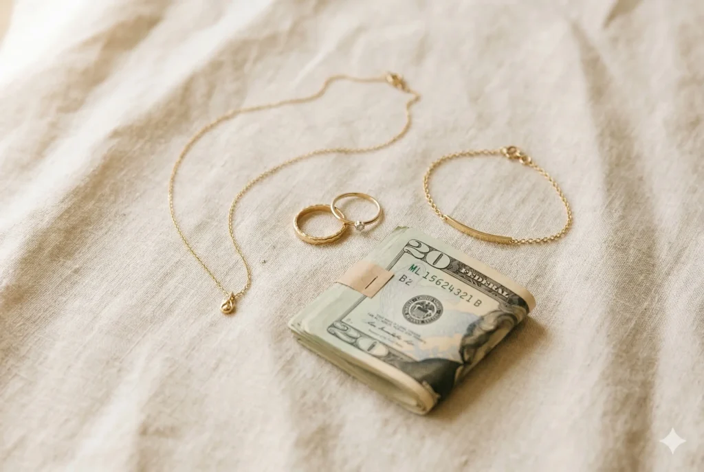 assorted gold jewelry and dollar bills on cream surface representing options for selling gold