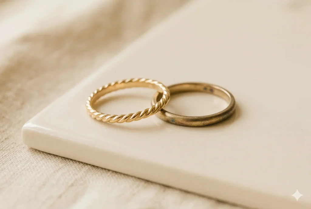 two gold rings side by side showing difference between polished gold and tarnished gold surface