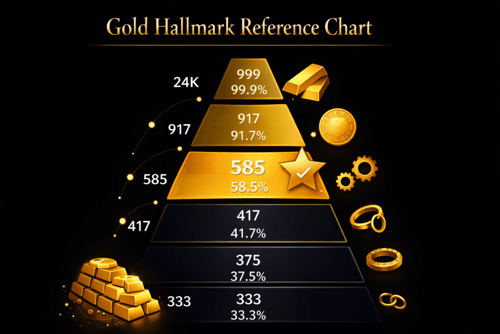 gold hallmark reference chart showing all fineness marks and karat equivalents