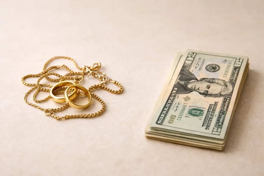 mixed gold jewelry pieces beside stacked dollar bills on cream surface showing pawn shop gold value