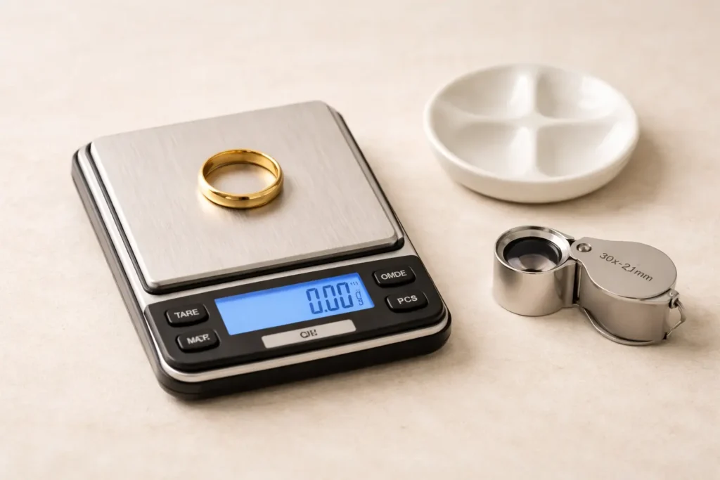 digital jewelry scale with gold ring next to jeweler's loupe and acid testing dish for testing real gold