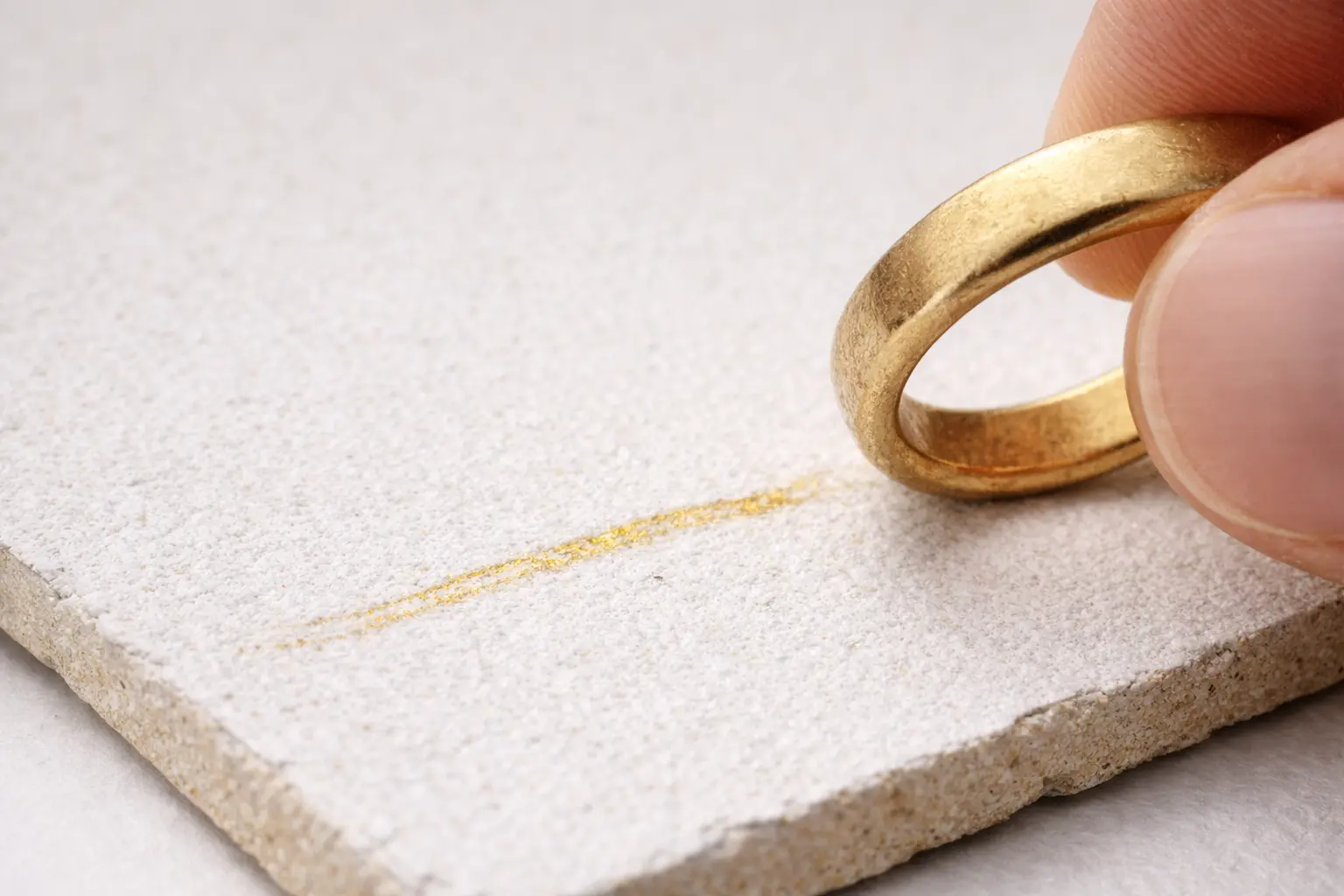 ceramic scratch test for real gold showing a gold ring dragged across unglazed tile leaving a yellow gold streak