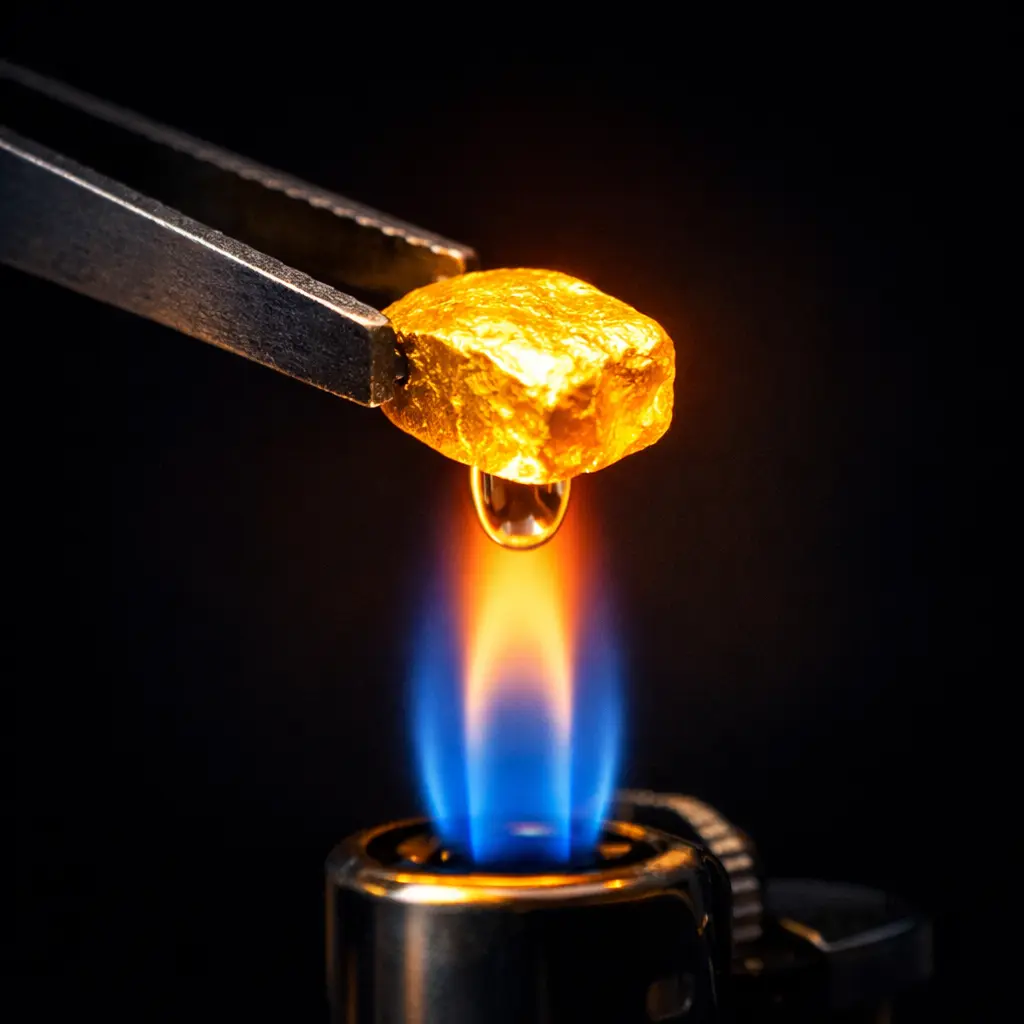 flame test for real gold showing metal tongs holding a gold piece over a butane lighter flame glowing warm yellow without darkening