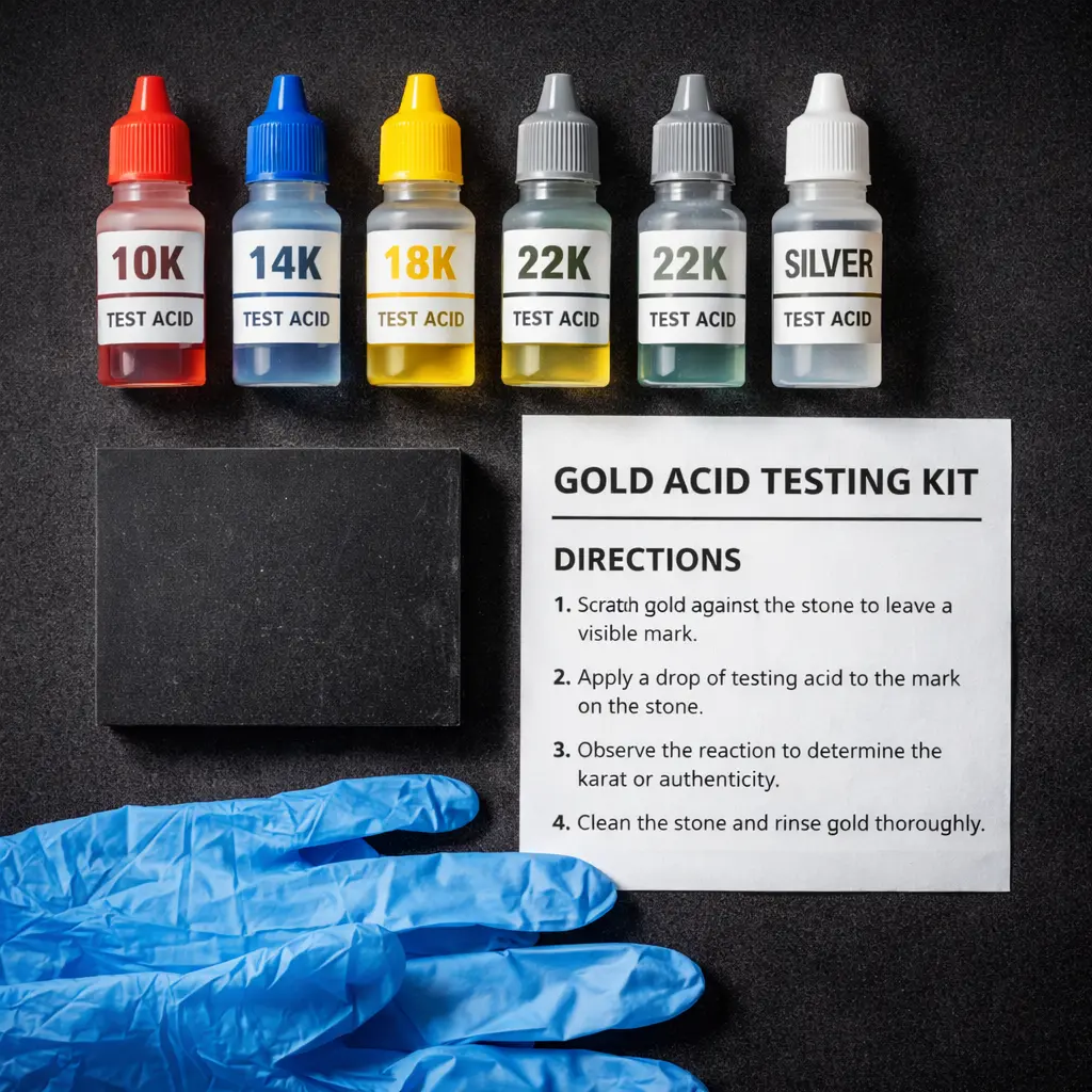 gold acid testing kit laid out showing labeled acid bottles for 10K 14K and 18K a black testing stone gloves and instruction sheet