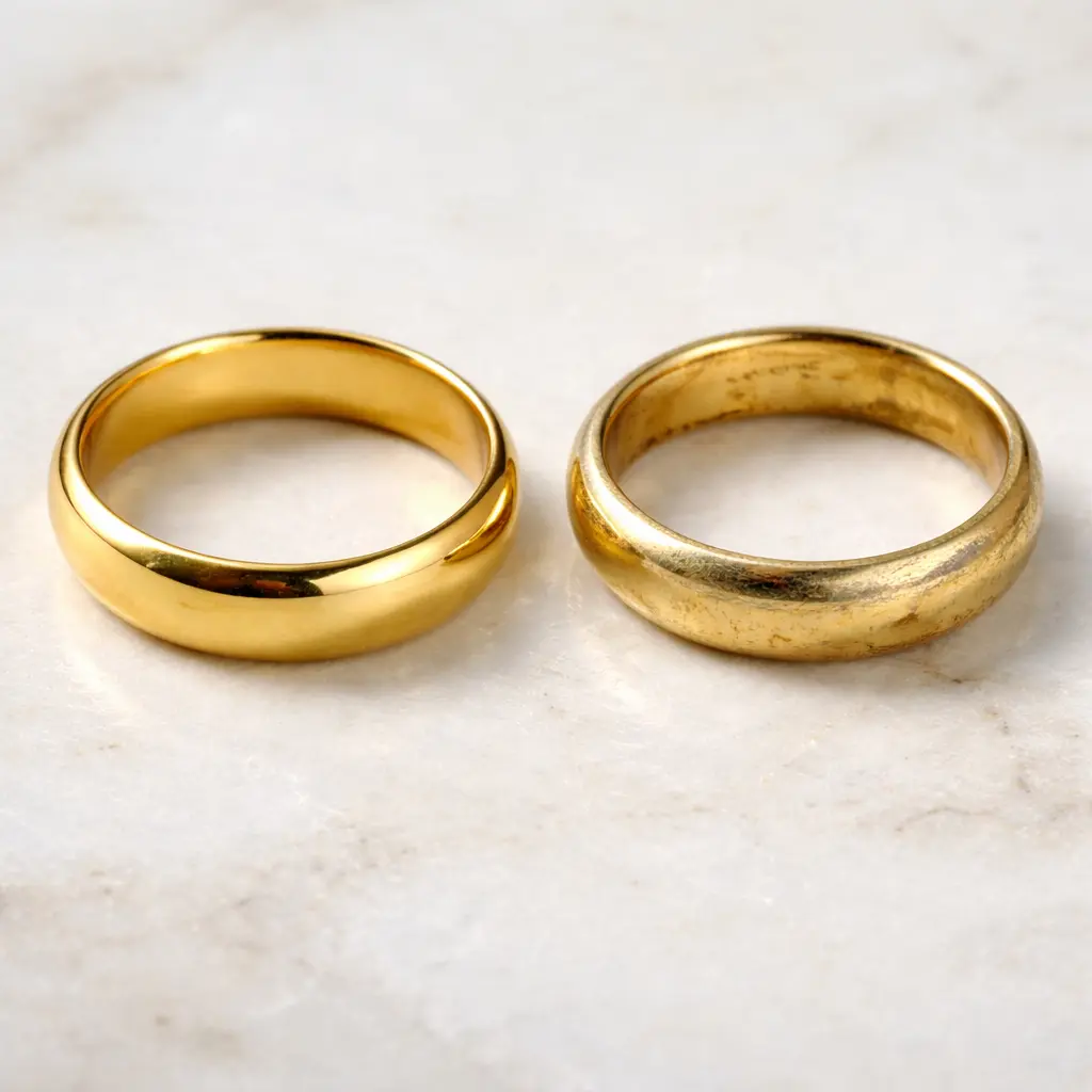 real gold vs fake gold side by side showing a shiny solid gold ring next to a dull worn gold plated ring on a marble surface