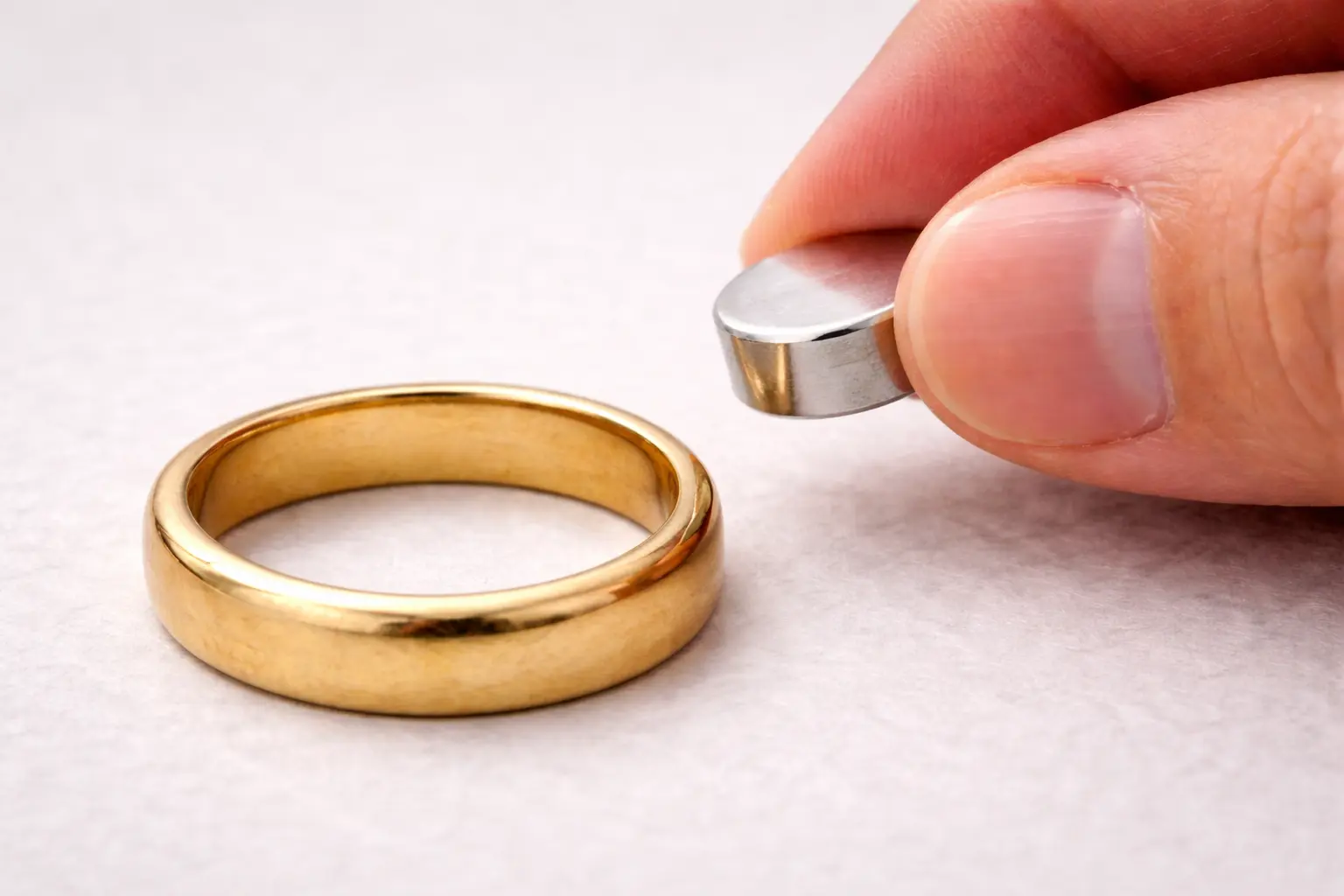 magnet test for real gold showing a neodymium magnet held near a gold ring with no magnetic attraction
