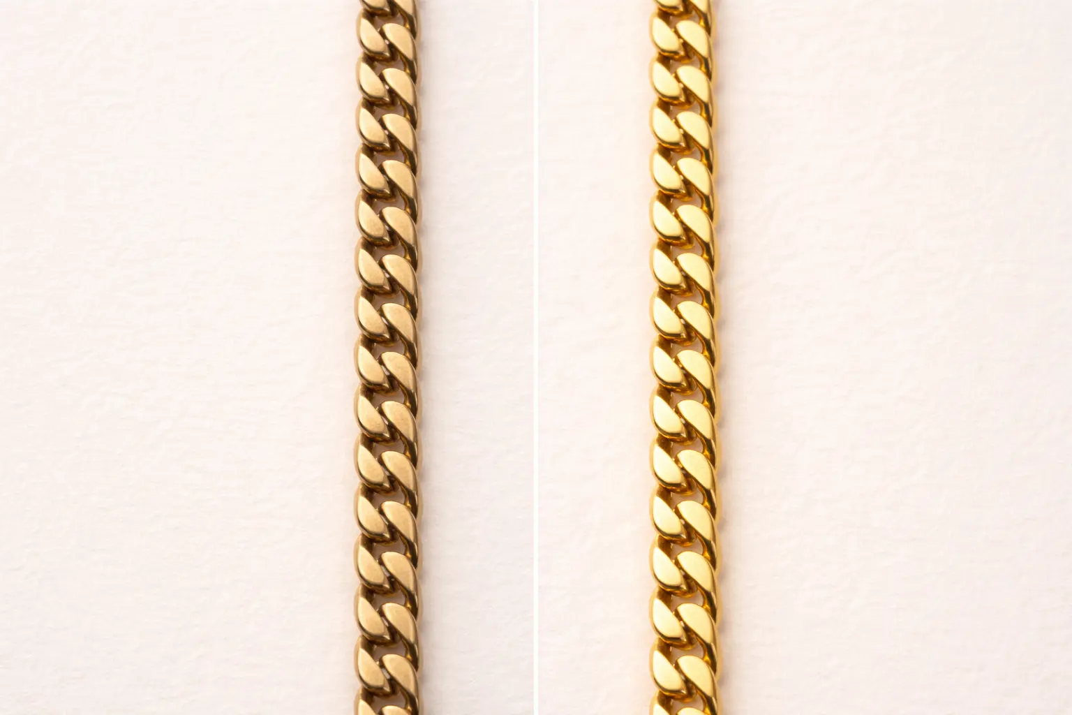tarnished gold chain on the left compared to clean shiny gold chain on the right