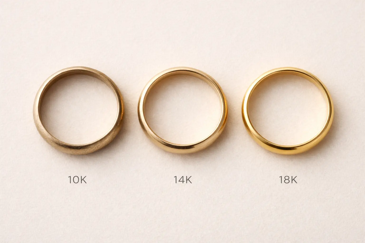 10k 14k and 18k gold rings side by side showing different tarnish levels