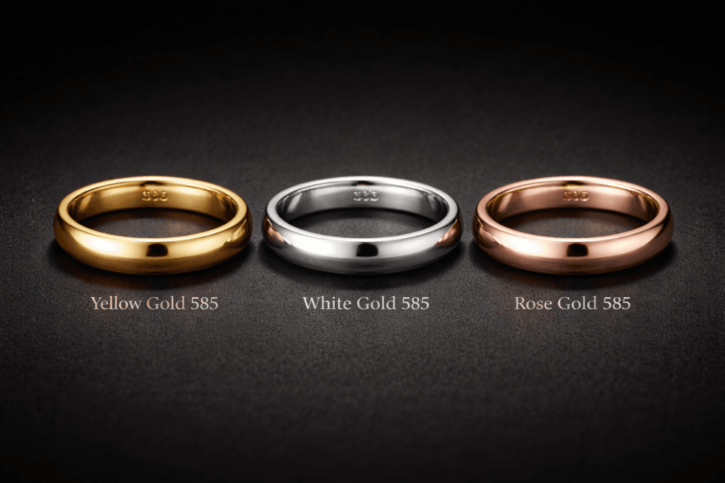 yellow gold white gold and rose gold rings all marked 585 showing different alloy colors